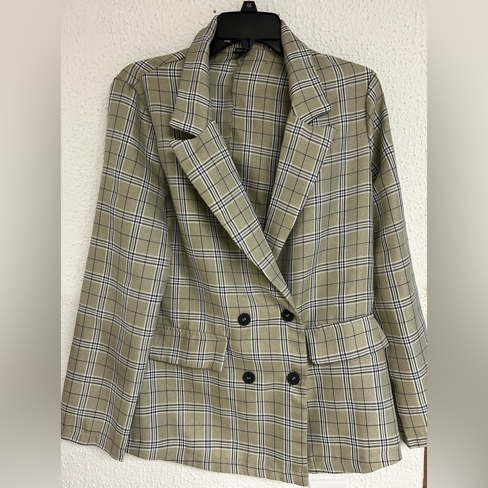 Shein Tan khaki and black‎ Plaid Blazer Jacket - Medium business casual